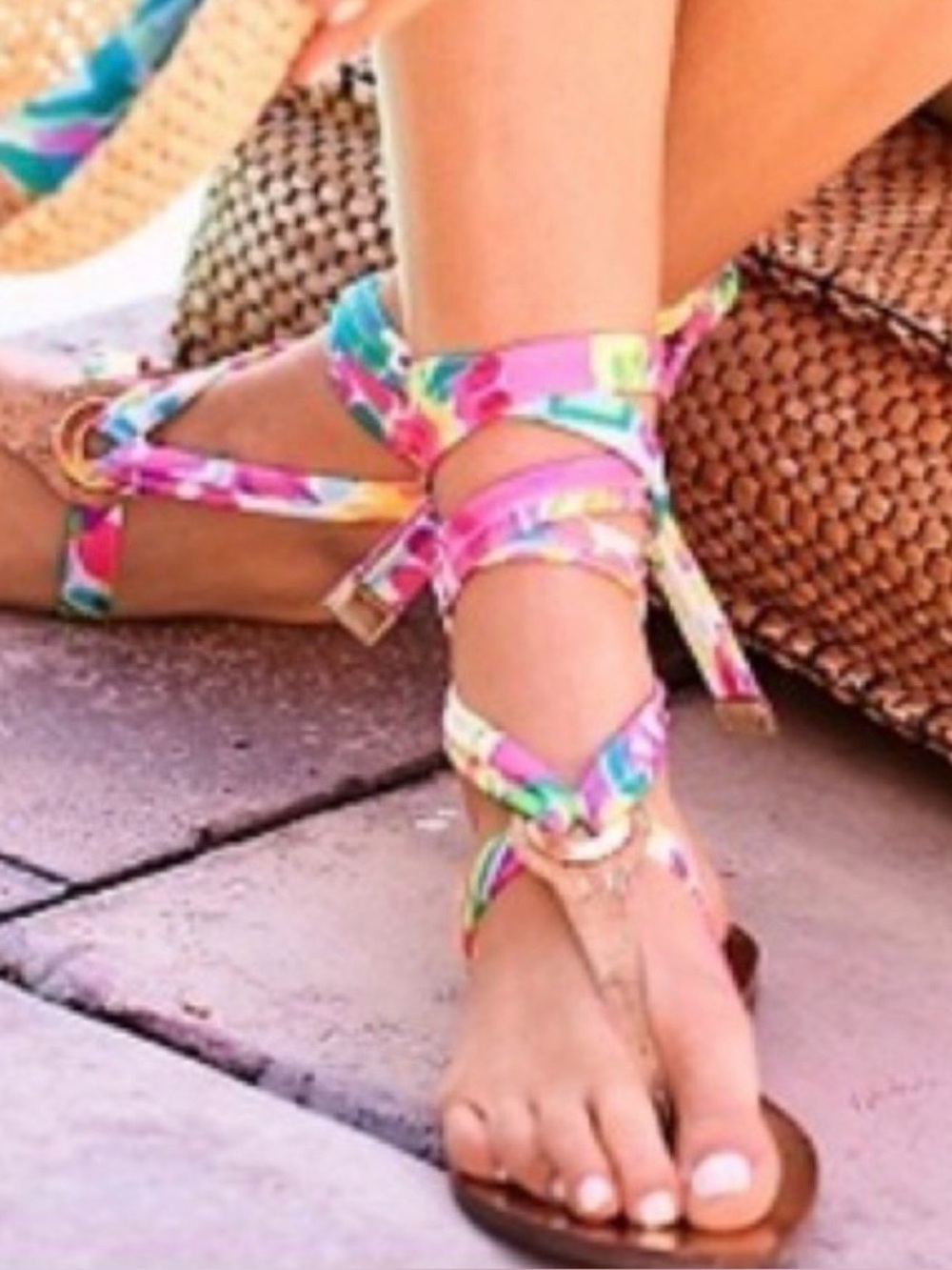 Lilly Pulitzer Neon Multicolor Lace-Up Sandals with Gold Footbed